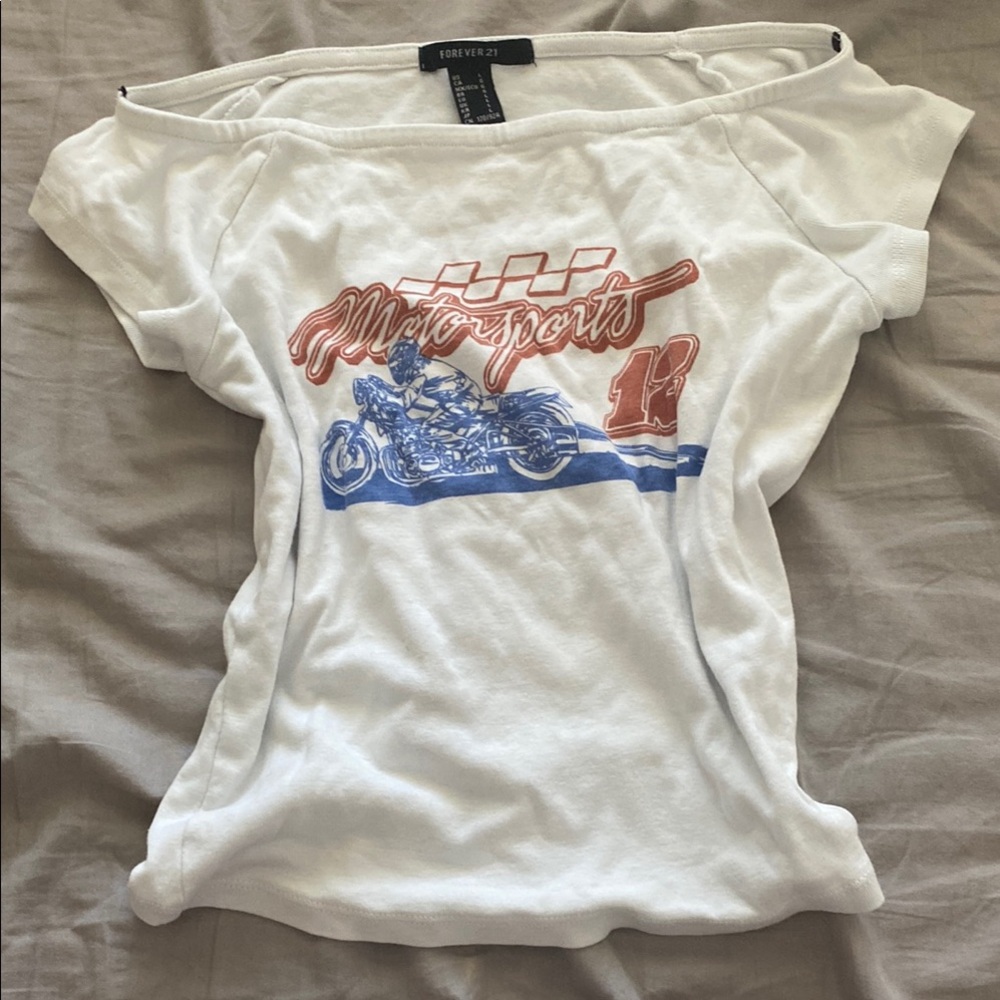Forever 21 White Off-Shoulder Motorsports Tee